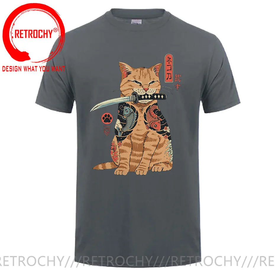 Samurai Cat Print Anime Japanese Ninja Cats T-Shirt