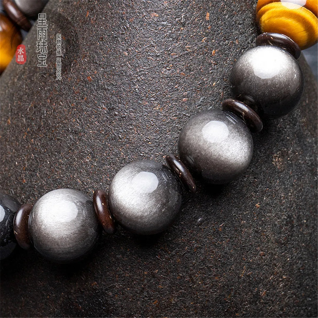 Natural Tiger's Eye Silver Obsidian Pixiu/piyao Bracelet For Women Man Crystal Round Beads Stone Jewelry 10mm 12mm 14mm 16mm