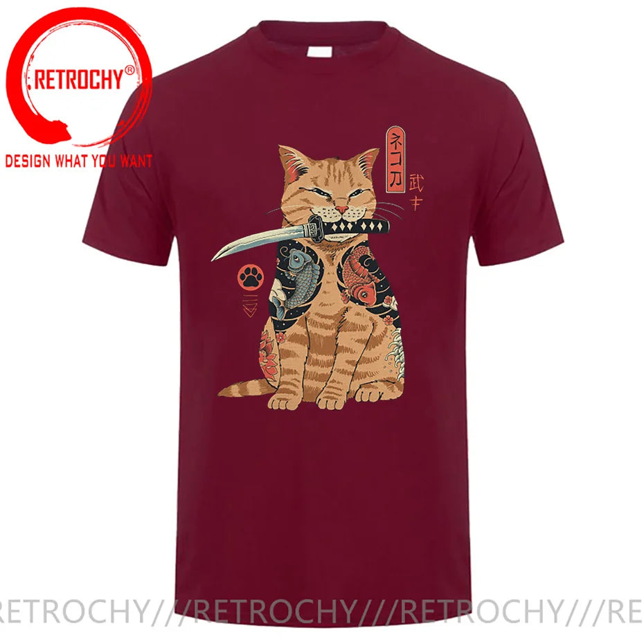 Samurai Cat Print Anime Japanese Ninja Cats T-Shirt