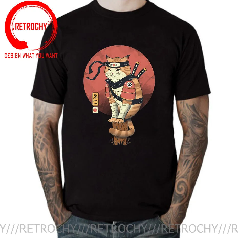 Samurai Cat Print Anime Japanese Ninja Cats T-Shirt