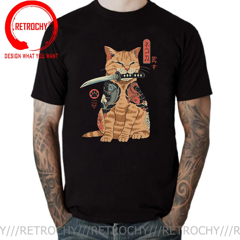 Samurai Cat Print Anime Japanese Ninja Cats T-Shirt