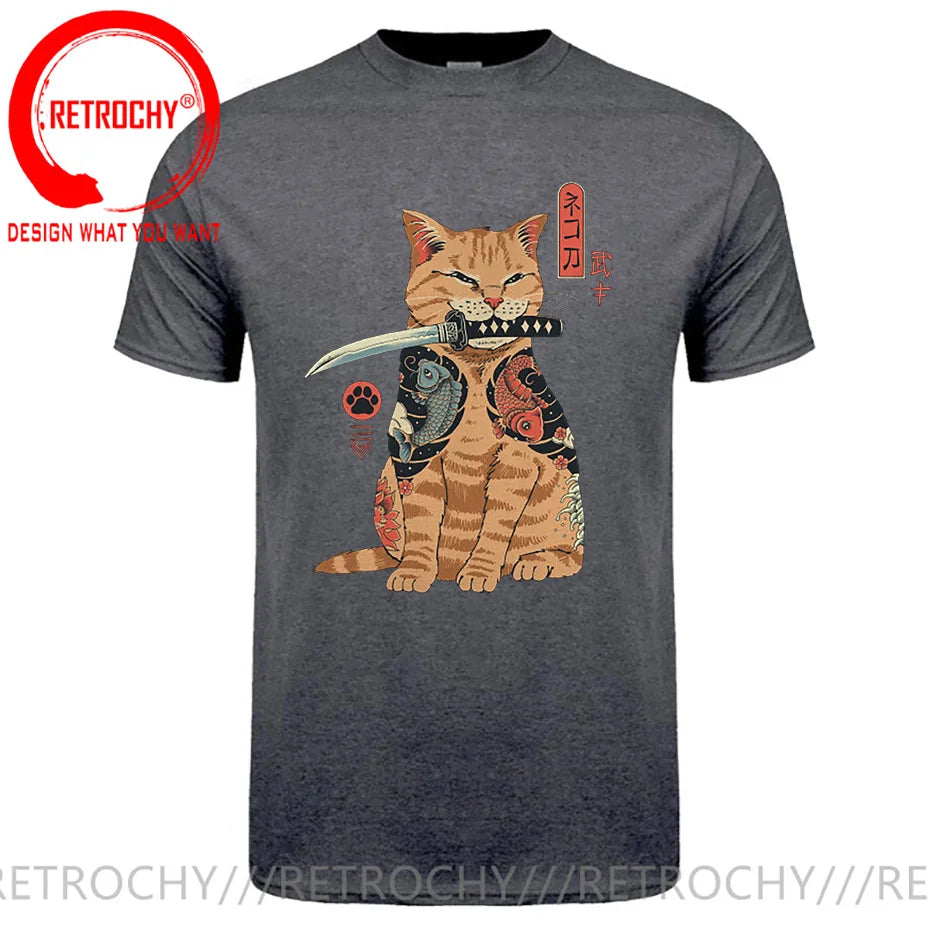 Samurai Cat Print Anime Japanese Ninja Cats T-Shirt