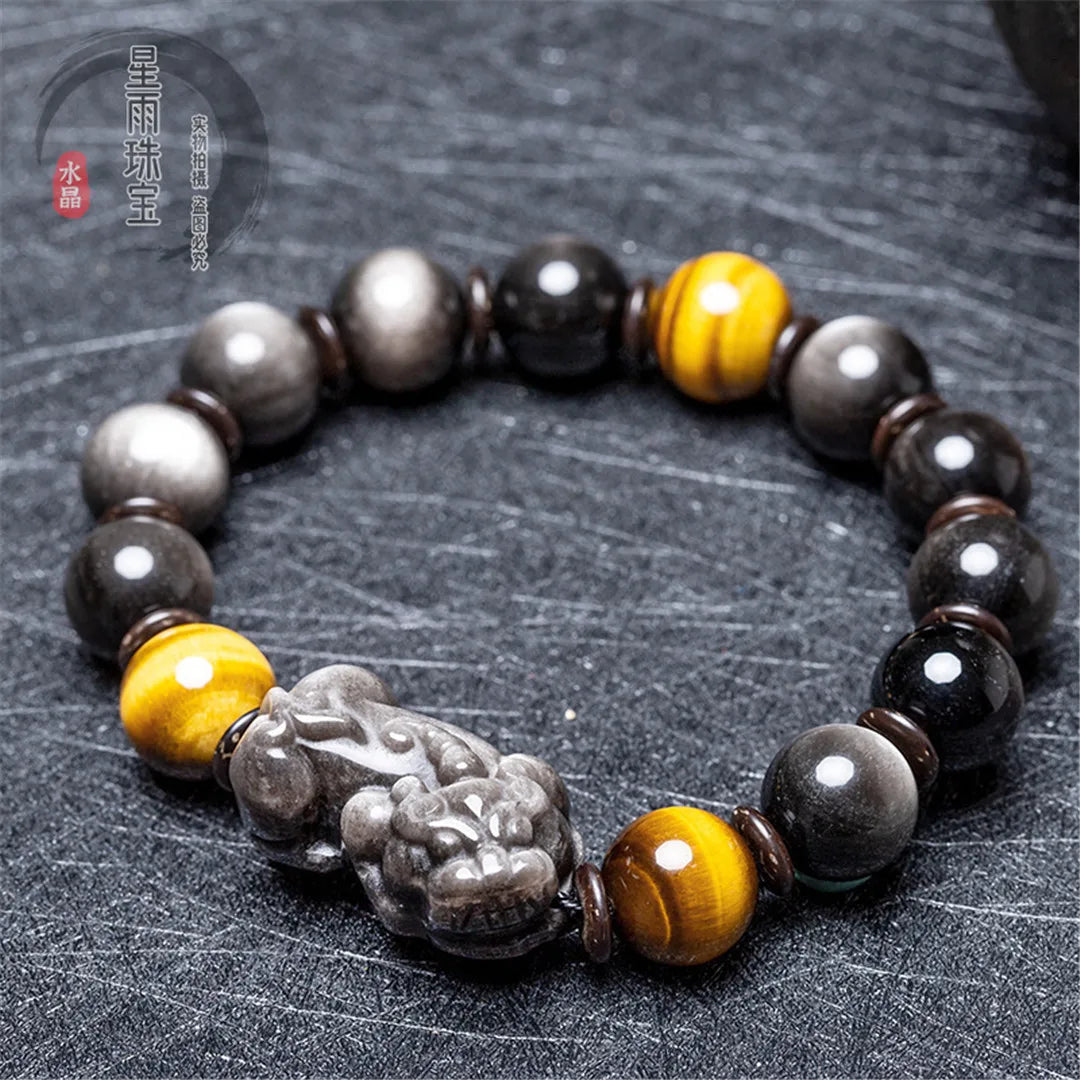 Natural Tiger's Eye Silver Obsidian Pixiu/piyao Bracelet For Women Man Crystal Round Beads Stone Jewelry 10mm 12mm 14mm 16mm