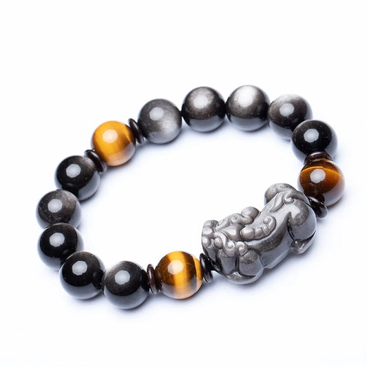 Natural Tiger's Eye Silver Obsidian Pixiu/piyao Bracelet For Women Man Crystal Round Beads Stone Jewelry 10mm 12mm 14mm 16mm