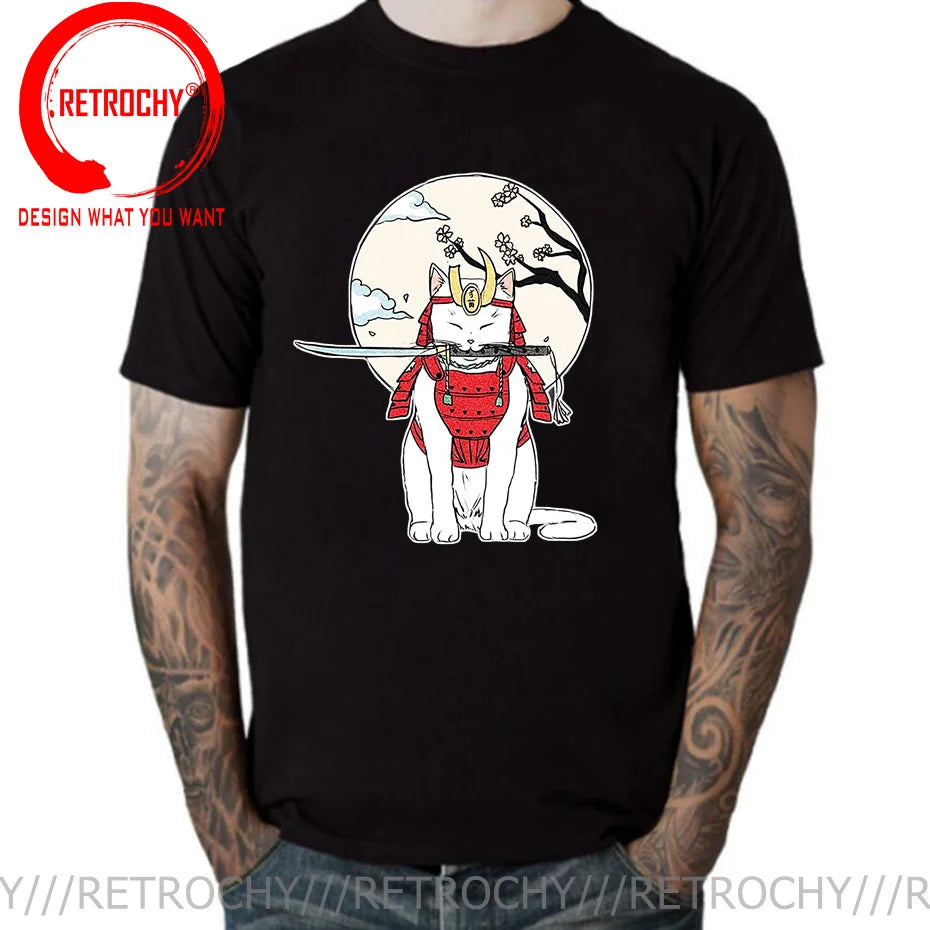 Samurai Cat Print Anime Japanese Ninja Cats T-Shirt