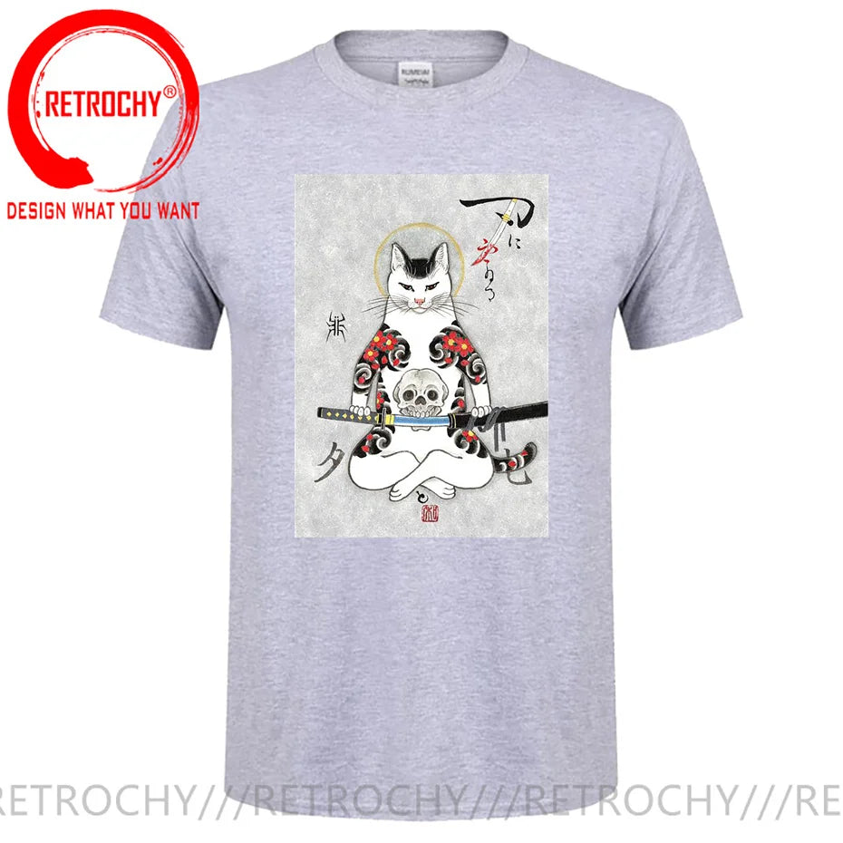 Samurai Cat Print Anime Japanese Ninja Cats T-Shirt