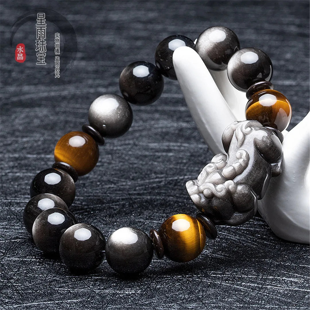 Natural Tiger's Eye Silver Obsidian Pixiu/piyao Bracelet For Women Man Crystal Round Beads Stone Jewelry 10mm 12mm 14mm 16mm