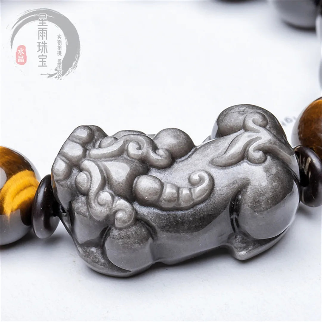 Natural Tiger's Eye Silver Obsidian Pixiu/piyao Bracelet For Women Man Crystal Round Beads Stone Jewelry 10mm 12mm 14mm 16mm