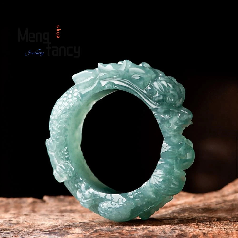 High-grade Natural A-goods Jadeite Blue Water Dragon King Three-dimensional Carving Ice Jade Ring Exquisite Fashion Fine Jewelry