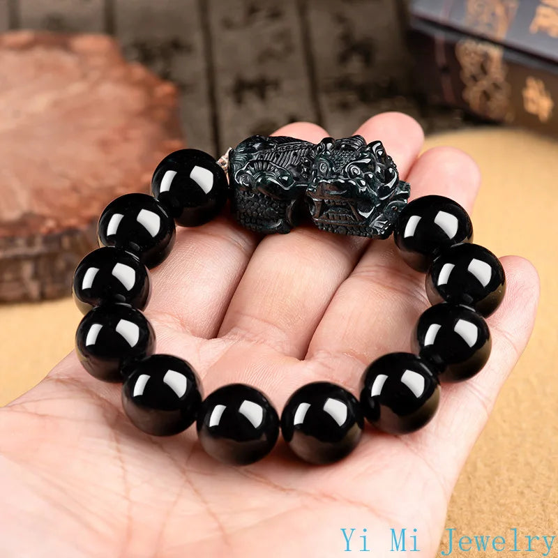 Burmese Jade Pixiu Bracelets Luxury Natural Women Jewelry Vintage Jadeite Beaded Accessories Gift Black Amulets Talismans