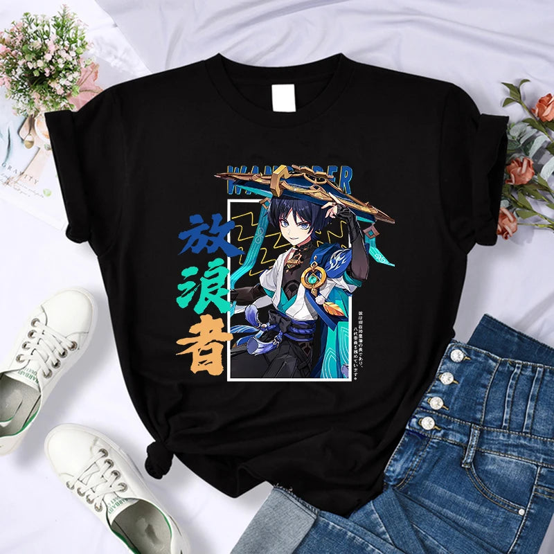 Female Genshin Impact T Shirt Kawaii Hu Tao Graphic Tees Xiao Kaedehara Kazuha