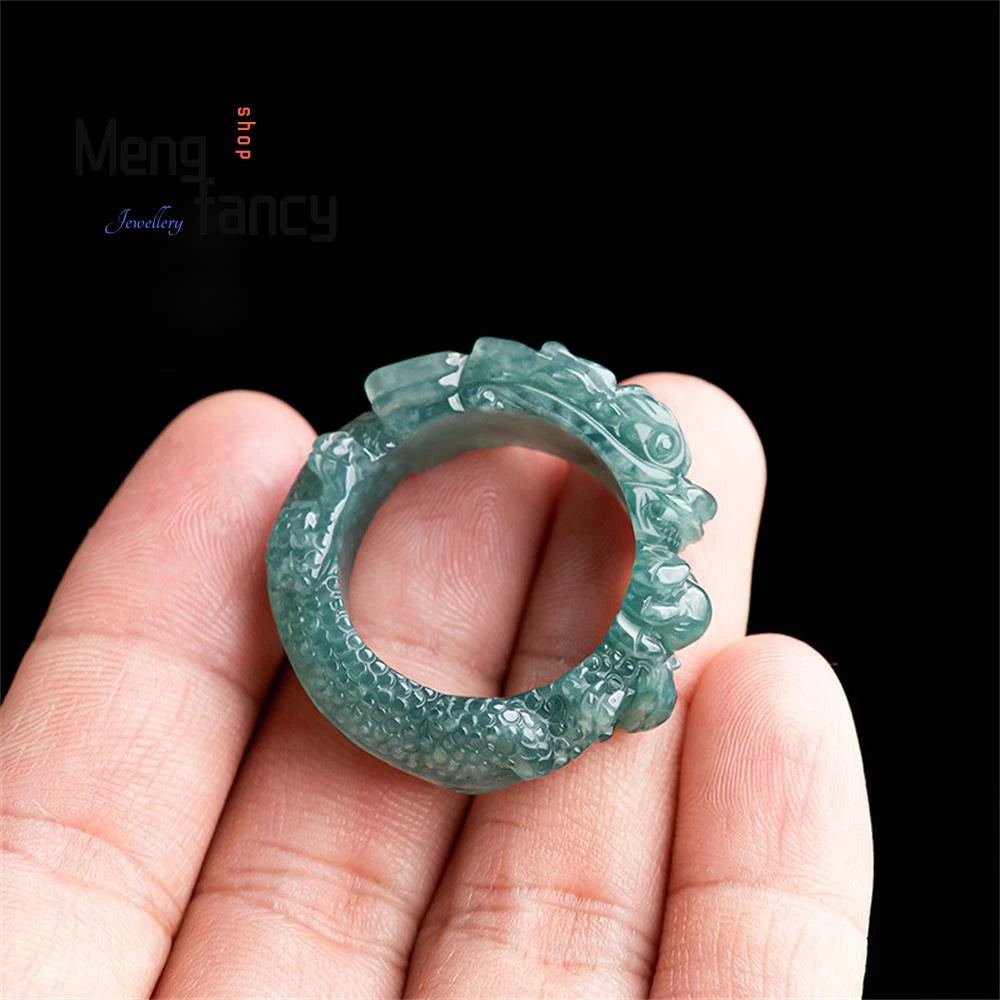 High-grade Natural A-goods Jadeite Blue Water Dragon King Three-dimensional Carving Ice Jade Ring Exquisite Fashion Fine Jewelry