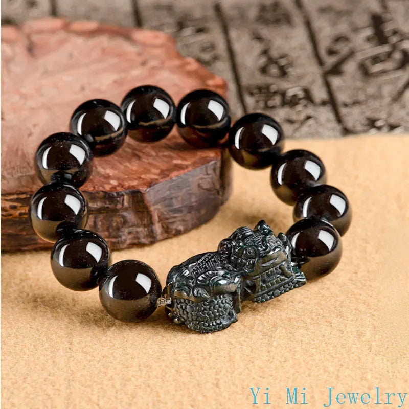 Burmese Jade Pixiu Bracelets Luxury Natural Women Jewelry Vintage Jadeite Beaded Accessories Gift Black Amulets Talismans