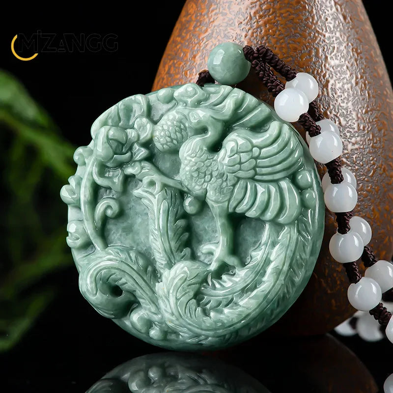 Natural Myanmar Jadeite Phoenix Peony Pendant Double Side Carved Exquisite Luxury Men's and Women's Jade Necklace Jewelry