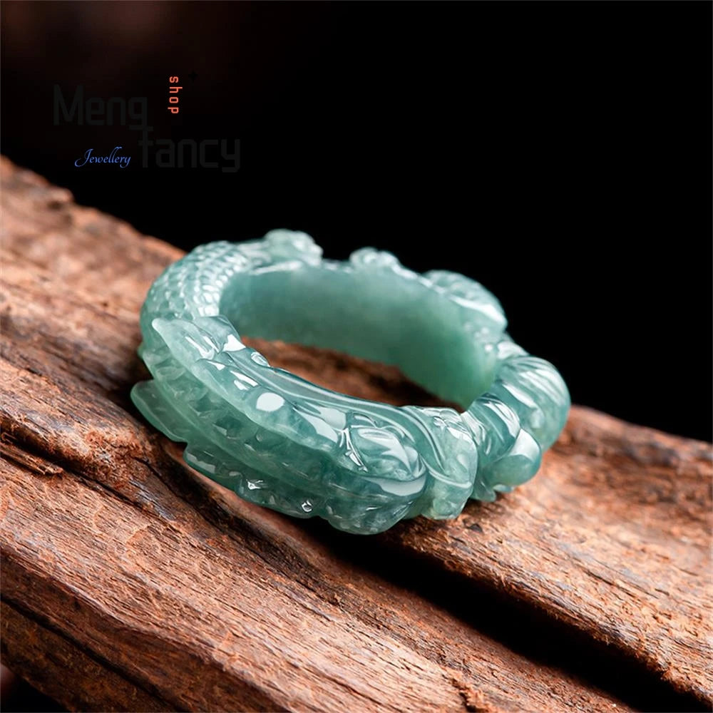 High-grade Natural A-goods Jadeite Blue Water Dragon King Three-dimensional Carving Ice Jade Ring Exquisite Fashion Fine Jewelry