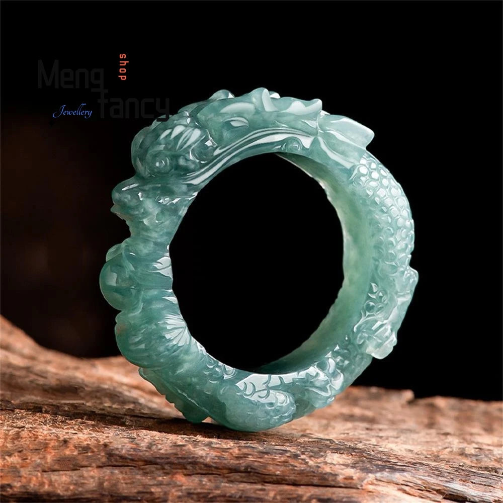 High-grade Natural A-goods Jadeite Blue Water Dragon King Three-dimensional Carving Ice Jade Ring Exquisite Fashion Fine Jewelry