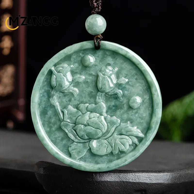 Natural Myanmar Jadeite Phoenix Peony Pendant Double Side Carved Exquisite Luxury Men's and Women's Jade Necklace Jewelry