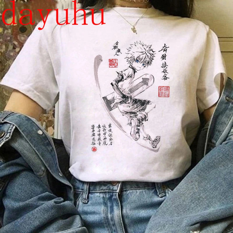 90s  Hunter X Hunter Graphic Tees Men Harajuku Kawaii Cartoon Killua Tshirt Funny Japanese Anime Hisoka T Shirt Tops Unisex