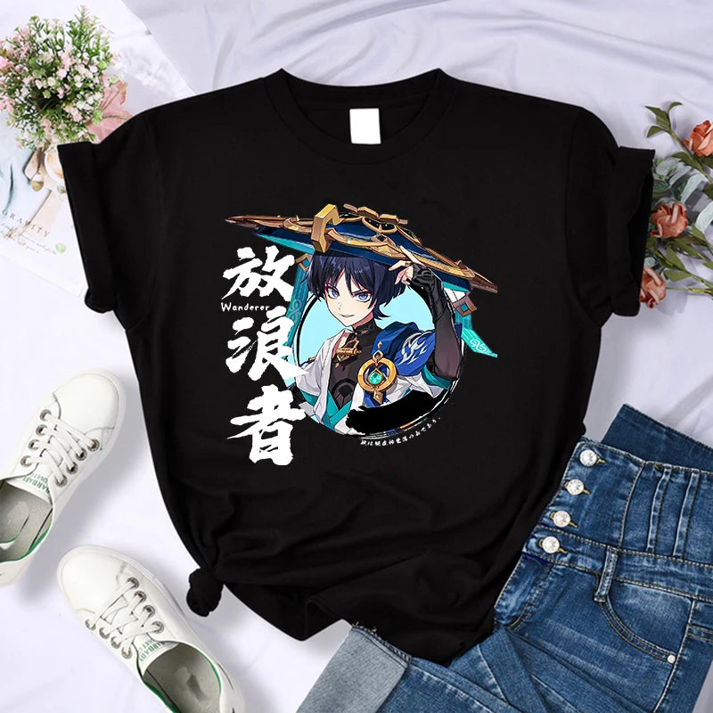 Female Genshin Impact T Shirt Kawaii Hu Tao Graphic Tees Xiao Kaedehara Kazuha